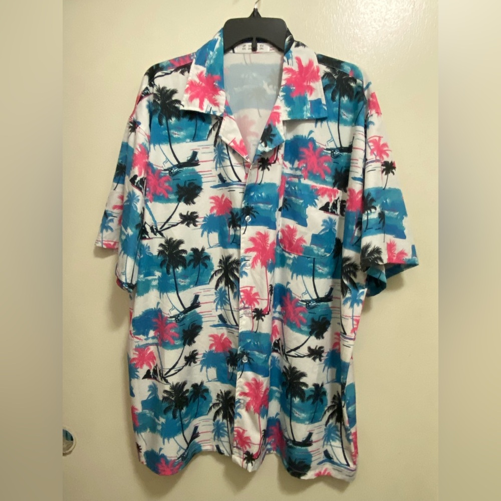 Aptro Mens Button Down Shirt 2XL 2X Blue Pink White Beach Hawaiian Tropical
